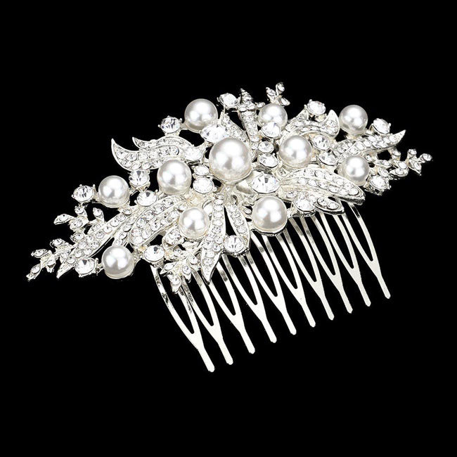 Silver Pearl Stone Embellished Leaf Cluster Hair Comb, amps up your hairstyle with a glamorous look as you are with this flower & leaf stone cluster hair comb! Add spectacular sparkle into your hair that brightens your moments with joy. Perfect for adding just the right amount of shimmer & shine. It will add a touch of class, beauty, and style to your wedding, prom, and special events. 