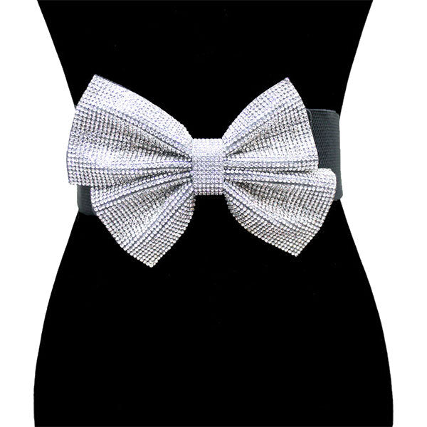 Silver Crystal Embellished Rhinestone Pave Bow Glamorous Elastic Stretch Belt, luminous crystals add a luxurious shine to this eye-catching rhinestone belt, dare to dazzle with this radiant accessory, coordinates with any ensemble, ideal for Bride, Wedding, Prom, Sweet 16, Quinceanera, Graduation, Cocktail Party, Perfect Gift