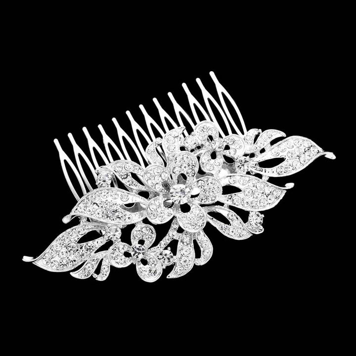 Silver Rhinestone Embellished Flower Leaf Hair Comb, amps up your hairstyle with a glamorous look on special occasions with this Rhinestone Embellished Flower Leaf Hair Comb! It will add a touch to any special event. These are Perfect Birthday Gifts, Anniversary Gifts, Mother's Day Gifts, Graduation gifts, and any occasion.