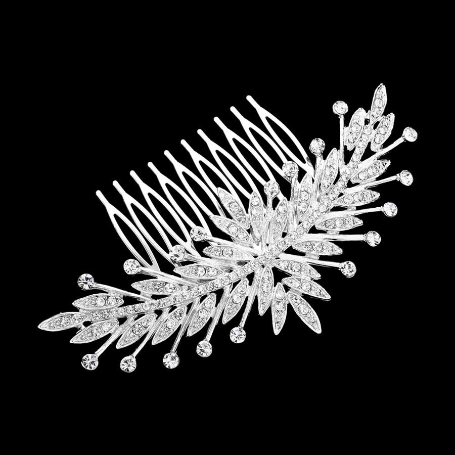 Silver Rhinestone Embellished Leaf Cluster Hair Comb, amps up your hairstyle with a glamorous look on special occasions with this Rhinestone Embellished Leaf Cluster Hair Comb! It will add a touch to any special event. These are Perfect Birthday Gifts, Anniversary Gifts, Mother's Day Gifts, Graduation gifts, and any occasion.