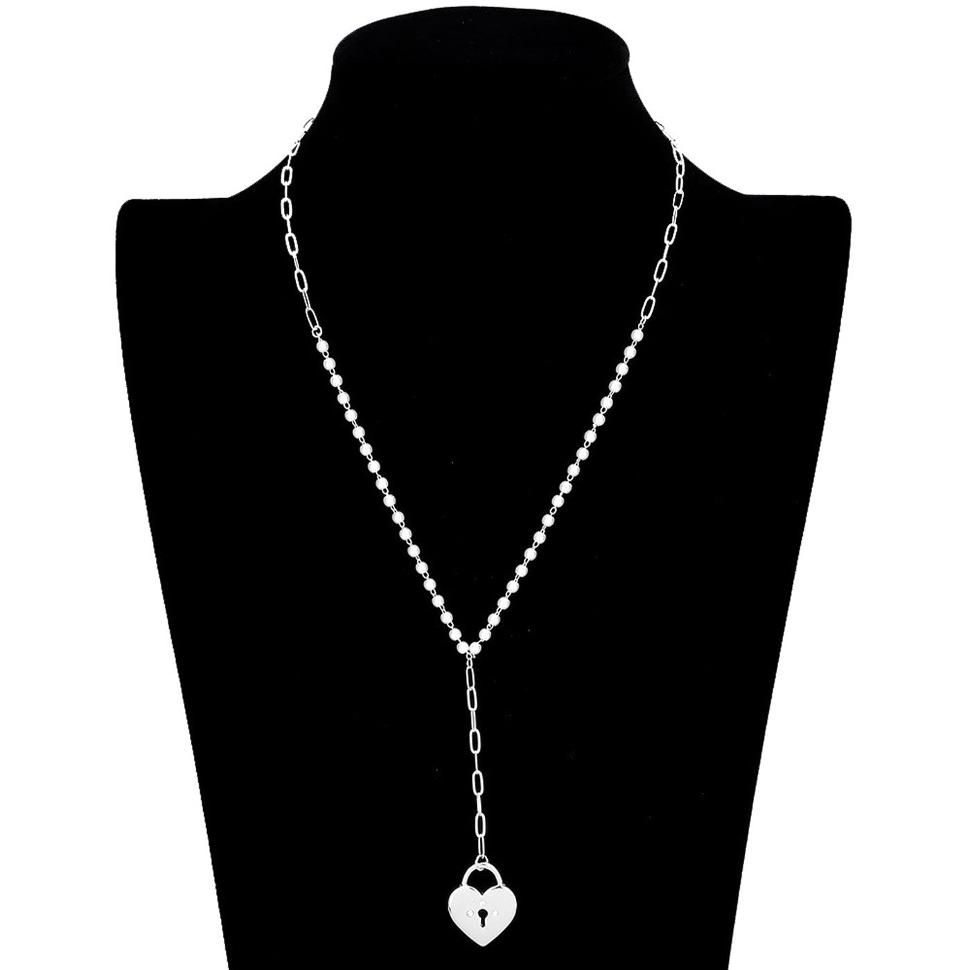 Silver Rhinestone Embellished Metal Heart Lock Pendant Y Necklace. Beautifully crafted design adds a gorgeous glow to any outfit. Jewelry that fits your lifestyle! Perfect Birthday Gift, Anniversary Gift, Mother's Day Gift, Graduation Gift, Prom Jewelry, Just Because Gift, Thank you Gift, Valentine's Day Gift.