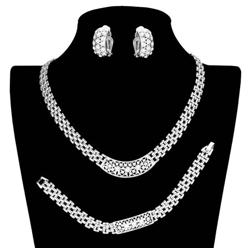 Rhinestone Embellished Necklace Clip Earring Set - Silver