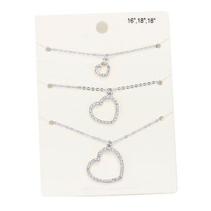 Silver 3PCS Rhinestone Embellished Open Heart Pendant Necklaces. Beautifully crafted design adds a gorgeous glow to any outfit. Jewelry that fits your lifestyle! Perfect Birthday Gift, Anniversary Gift, Mother's Day Gift, Graduation Gift, Prom Jewelry, Just Because Gift, Thank you Gift, Valentine's Day Gift.
