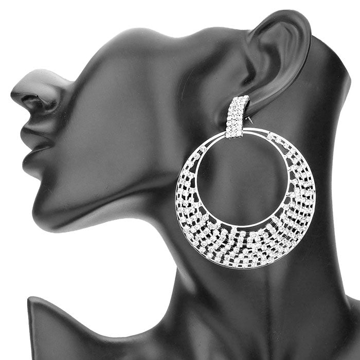 Silver Rhinestone Pave Abstract Circle Dangle Evening Earrings, dare to dazzle with this bejeweled evening earrings, designed to accent the earlobes, rhinestone dangle evening earrings, which are a perfect way to add sparkle to everything, showing off your elegance. Perfect Gift, Birthday, Anniversary, Prom, Mother's Day Gift, Sweet 16, Wedding, Quinceanera. 