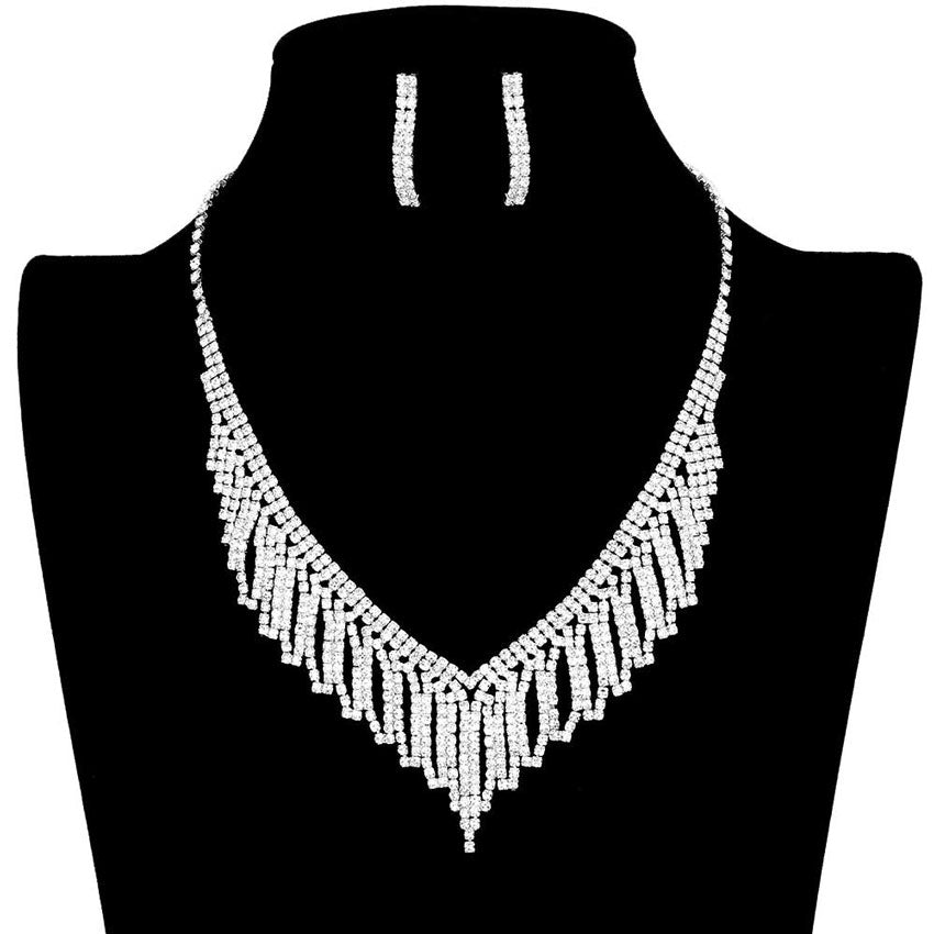 Silver Rhinestone Pave Collar Necklace. Stunning jewelry set will sparkle all night long making you shine out like a diamond.. Perfect for adding just the right amount of shimmer & shine and a touch of class to special events. Suitable for a night out on the town or a black tie party, Perfect Gift, Birthday, Anniversary, Prom, Mother's Day Gift, Sweet 16, Wedding, Quinceanera, Bridesmaid.
