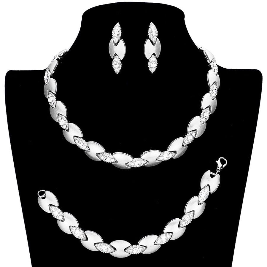 Silver Rhinestone Pave Metal Link Necklace Set. These Necklace jewelry sets are Elegant. Beautifully crafted design adds a gorgeous glow to any outfit. Jewelry that fits your lifestyle! Perfect for adding just the right amount of shimmer & shine and a touch of class to special events. Perfect Birthday Gift, Anniversary Gift, Mother's Day Gift, Graduation Gift, Valentine’s Day gift or any special occasion.
