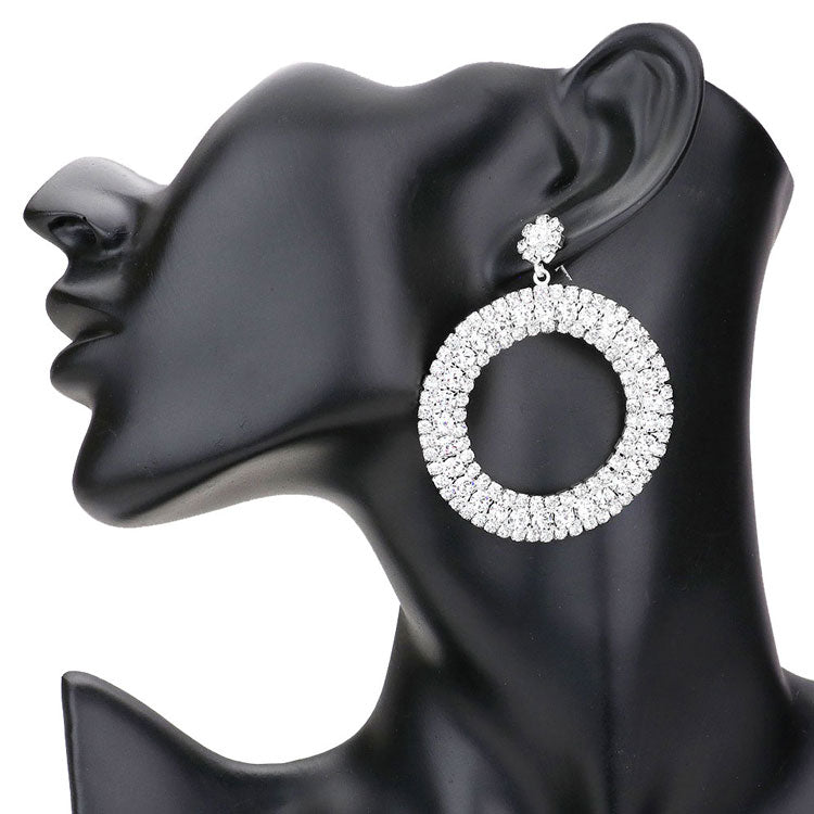 Silver Rhinestone Pave Open Circle Dangle Evening Earrings. Classic, Elegant dangle earrings Special Occasion ideal for parties, weddings, graduation, prom, holidays, pair these evening earrings with any ensemble for a polished look. These earrings pair perfectly with any ensemble from business casual, to night out on the town or a black tie party. Also makes a great gift for a loved one or for yourself.