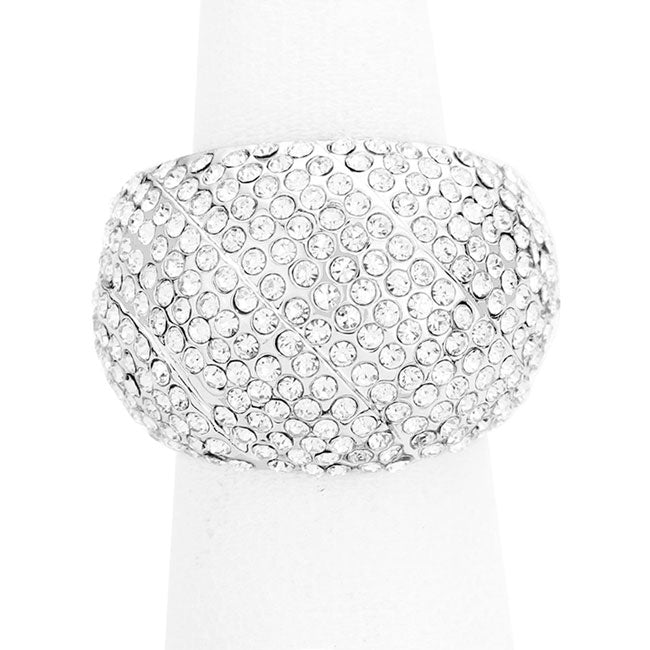 Silver Rhinestone Pave Stretch Ring. Beautifully crafted design adds a gorgeous glow to any outfit. Jewelry that fits your lifestyle. Polish your elegance with the sparkling band. If you prefer timeless glamour, this cut is meant for you. Perfect for adding just the right amount of shimmer & shine and a touch of class to special events. Perfect Birthday Gift, Anniversary Gift, Mother's Day Gift, Graduation Gift, Just Because Gift, Thank you Gift.