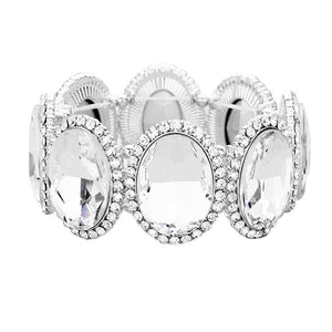Silver Rhinestone Trim Oval Crystal Stretch Evening Bracelet, brings a gorgeous glow to your outfit to show off royalty on any special occasion. It's a perfect beauty that highlights your appearance and grasps everyone's eye on any special occasion. Is a glowing and sparkling beauty that is perfect to show off your glowing look and enrich your beauty to a greater extent.