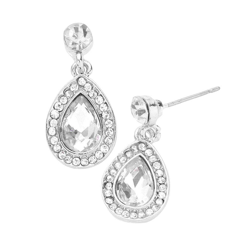Silver Rhinestone Trim Teardrop Stone Dangle Evening Earrings, This teardrop dangle earrings put on a pop of color to complete your ensemble. Beautifully crafted design adds a gorgeous glow to any outfit. Luminous Teardrop Stone and sparkling rhinestones give these stunning earrings an elegant look. Perfect for adding just the right amount of shimmer & shine. Perfect for Birthday Gift, Anniversary Gift, Mother's Day Gift, Graduation Gift.