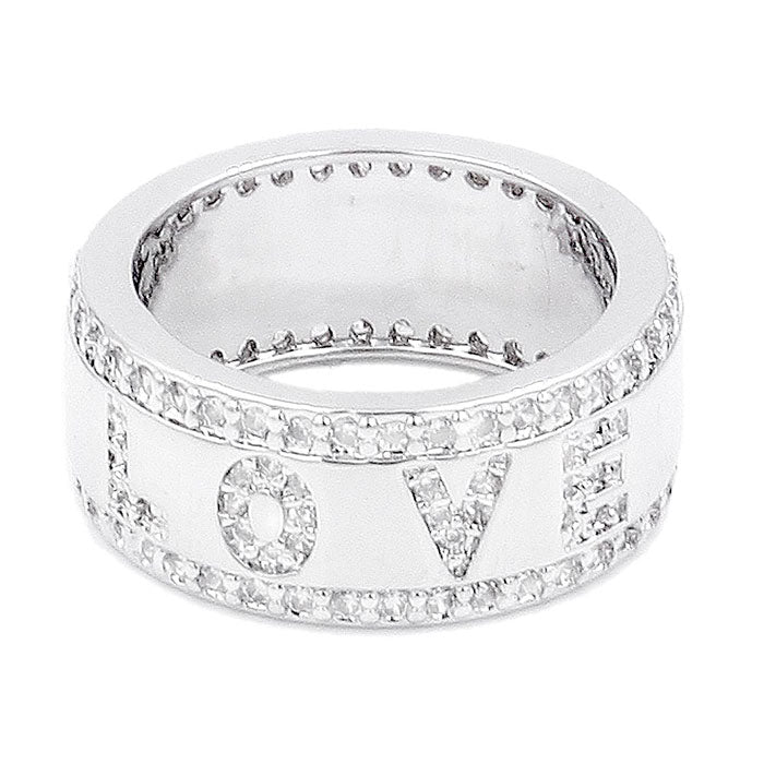 Silver Rhodium Plated CZ Embellished Love Message Ring. Beautifully crafted design adds a gorgeous glow to any outfit. Jewelry that fits your lifestyle! Perfect Birthday Gift, Anniversary Gift, Mother's Day Gift, Graduation Gift, Prom Jewelry, Just Because Gift, Thank you Gift, Valentine's Day Gift.