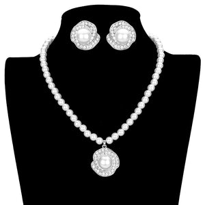 Silver Rosette Pearl Rhinestone Pave Collar Necklace. Wear together or separate according to your event with different outfits to add perfect luxe and class with incomparable beauty.  Perfectly lightweight for all-day wear. coordinate with any ensemble from business casual to everyday wear. These flower themed necklace set is a wonderful gift for birthdays, anniversaries, Valentine’s Day, or any special occasion. Have a praiseworthy look.