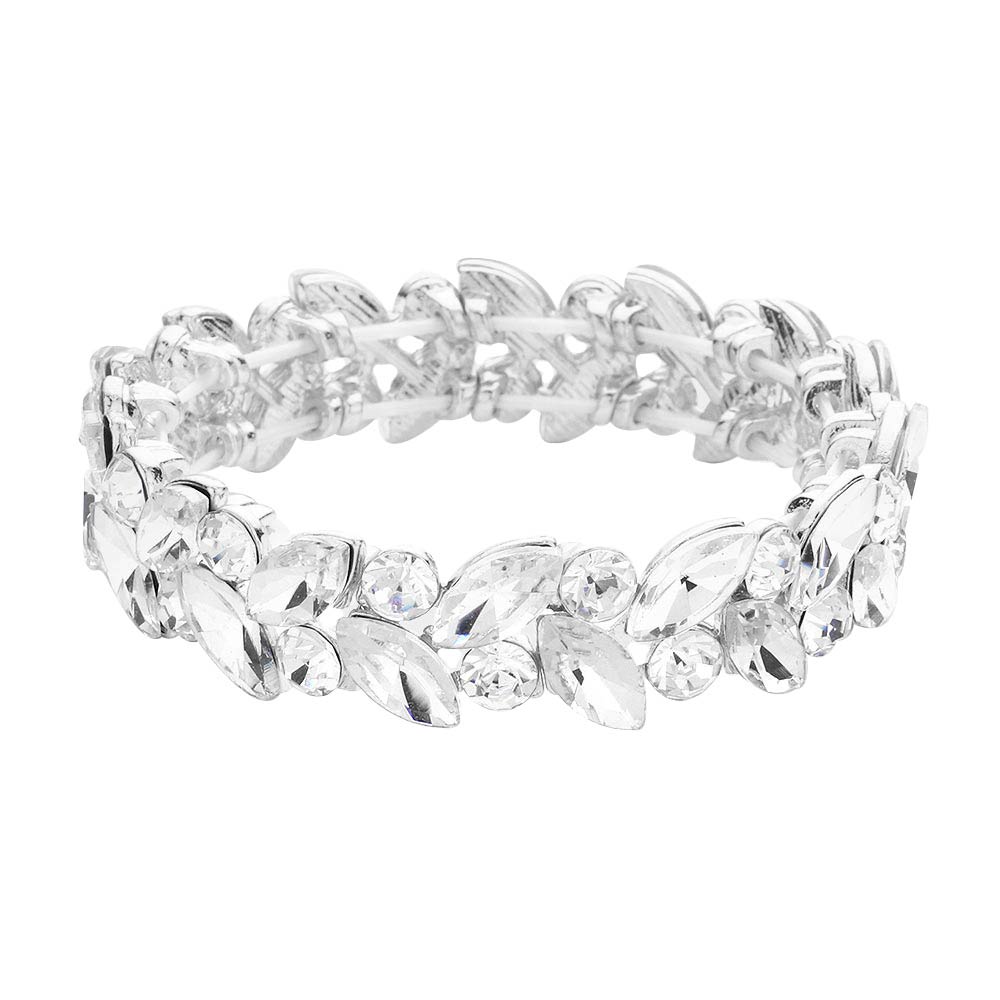 Silver Round Marquise Stone Cluster Stretch Evening Bracelet, Get ready with this Round stone cluster stretchable Bracelet and put on a pop of color to complete your ensemble. Perfect for adding just the right amount of shimmer & shine and a touch of class to special events. Wear with different outfits to add perfect luxe and class with incomparable beauty. Just what you need to update in your wardrobe.
