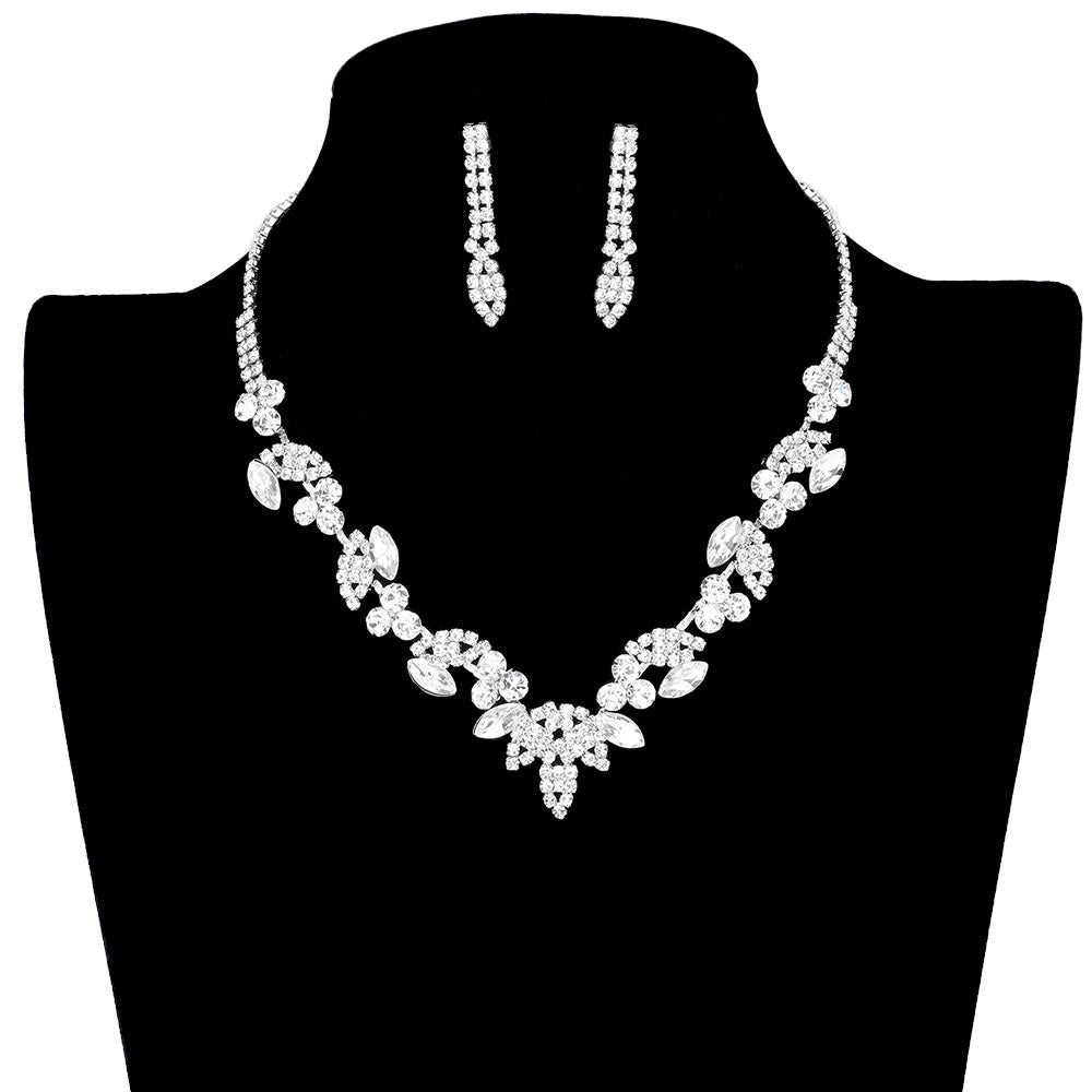 Silver Round Marquise Stone Embellished Rhinestone Pave Necklace, stunning jewelry set will sparkle all night long making you shine out like a diamond. simple sophistication makes a standout addition to your collection designed to accent the neckline adds a gorgeous stylish glow to any outfit style, jewelry that fits your lifestyle! The beautiful combination of Flower & Leaf themed pave necklace are the perfect gift for the women in your lives who love flower.