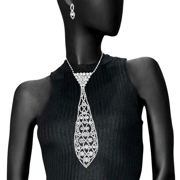 Silver Round Stone Accented Rhinestone Necktie Necklace. Stunning rhinestone necktie necklace set will sparkle all night long making you shine like a diamond. Perfect for adding just the right amount of shimmer & shine and a touch of class to special events. Suitable for a night out on the town or a black tie party, Perfect Gift, Birthday, Anniversary, Prom, Mother's Day Gift, Sweet 16, Wedding, Quinceanera.