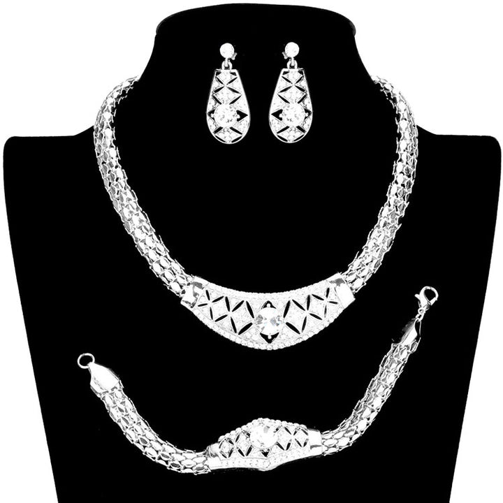 Silver Round Stone Centered Metal Accented Necklace Jewelry Set. Beautifully crafted design adds a gorgeous glow to any outfit. Jewelry that fits your lifestyle! Perfect Birthday Gift, Anniversary Gift, Mother's Day Gift, Anniversary Gift, Graduation Gift, Prom Jewelry, Just Because Gift, Thank you Gift.