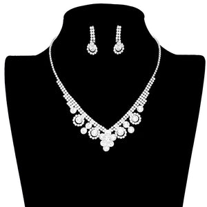 Silver Round Stone Flower Accented Rhinestone Pave Necklace. Wear a pop of shine to complete your ensemble with perfect beauty with extra luxe. The perfect accessory for adding the right amount of shimmer and a touch of class to special events. These classy flower & leaf themed rhinestone pave necklaces are perfect for Party, Wedding, Evening. Awesome gift for birthday, Anniversary, Valentine’s Day, or any special occasion. Show your ultimate class!