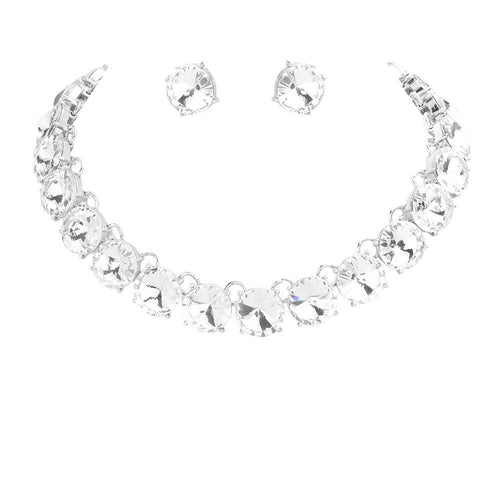 Round Stone Link Evening Necklace Earring Set - Silver