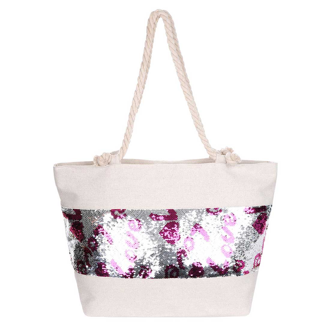 Silver Sequin Love Heart Rope Tote Beach Bag. Show your trendy side with this awesome Love Heart tote bag. This fashionable bag will be your new favorite accessory. Perfectly lightweight to carry around all day. Perfect Birthday Gift, Anniversary Gift, Mother's Day Gift, Valentine's Day Gift.