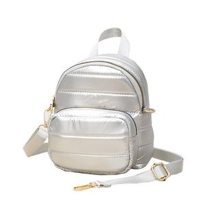Silver Solid Puffer Mini Backpack Bag, Great for adding fashionable accents to your daily style. This mini bag offers enough room for your daily going essentials. It can hold your wallets, keys, cell phones, makeup and other small accessories and stuff. Mini size and lovely decoration make your look chic and fashionable. These beautiful and trendy backpacks have adjustable hand straps that make your life more comfortable.