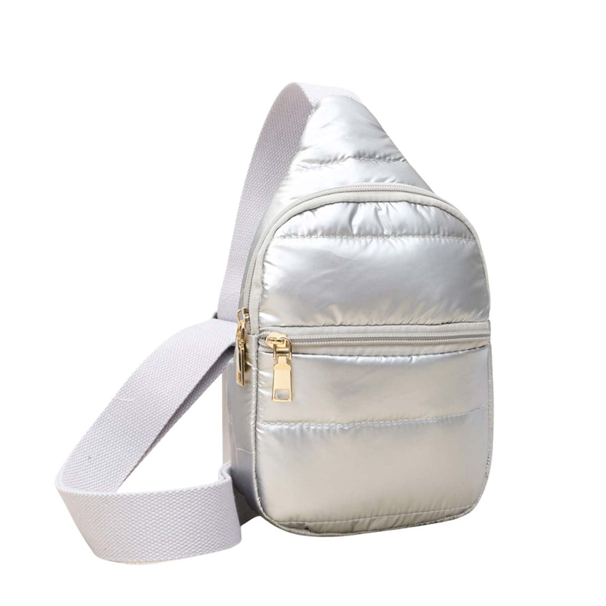 Silver Solid Puffer Mini Sling Bag, be the ultimate fashionista while carrying this Solid Puffer Sling bag in style. It's great for carrying small and handy things. Keep your keys handy & ready for opening doors as soon as you arrive. The adjustable lightweight features room to carry what you need for long walks or trips.