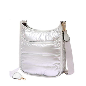 Silver Solid Quilted Shiny Puffer Crossbody Bag, Complete the look of any outfit on all occasions with this Shiny Puffer Crossbody. It offers enough room for your essentials. With a One Inside Zipper Pocket, three two inside slip pockets and a secured Magnetic Closure at the top, this bag will be your new go to! Casual Easy style using for: Work, School, Excursion, Going out, Shopping, Party, etc.