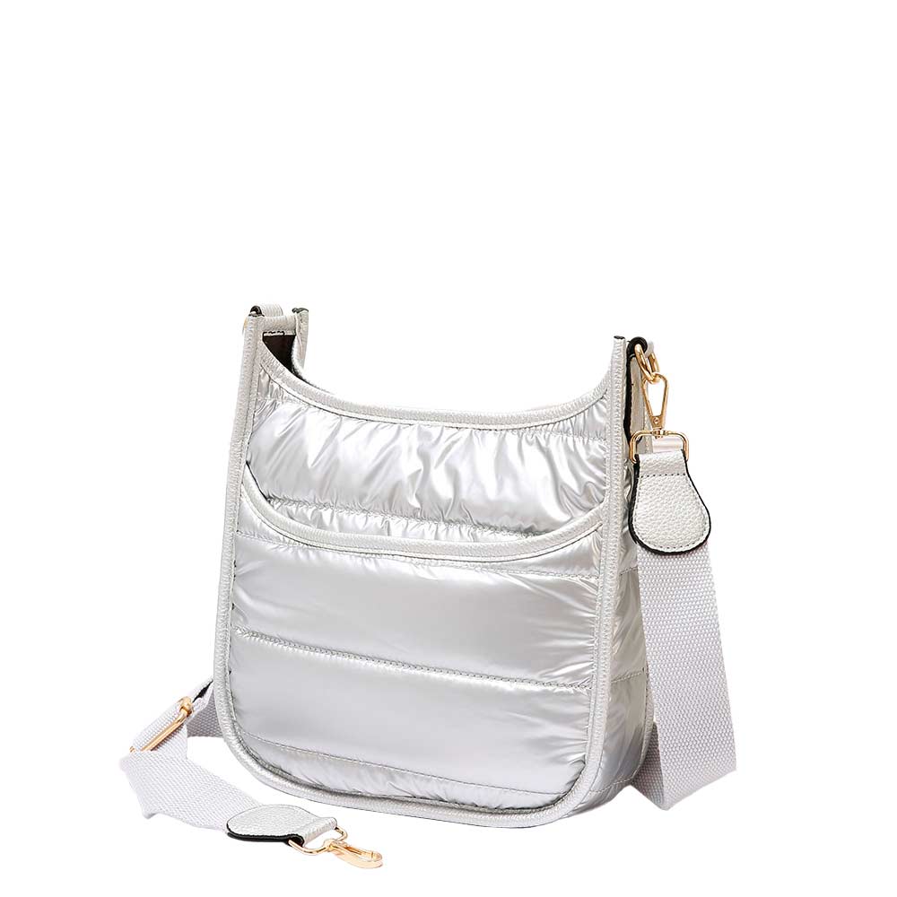 Silver Solid Quilted Shiny Puffer Mini Crossbody Bag, Complete the look of any outfit on all occasions with this Shiny Puffer Mini Crossbody. these mini bag offers enough room for your essentials. With a One Inside Zipper Pocket, three two inside slip pockets and a secured Magnetic Closure at the top, this bag will be your new go to! These beautiful and trendy Crossbody have adjustable and detachable hand straps that make your life more comfortable.
