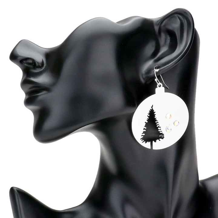 Silver Stone Embellished Brass Metal Cut Out Tree Christmas Ornament Dangle Earrings. Beautifully crafted design adds a gorgeous glow to any outfit. Jewelry that fits your lifestyle! Perfect Birthday Gift, Anniversary Gift, Mother's Day Gift, Anniversary Gift, Graduation Gift, Prom Jewelry, Just Because Gift, Thank you Gift.