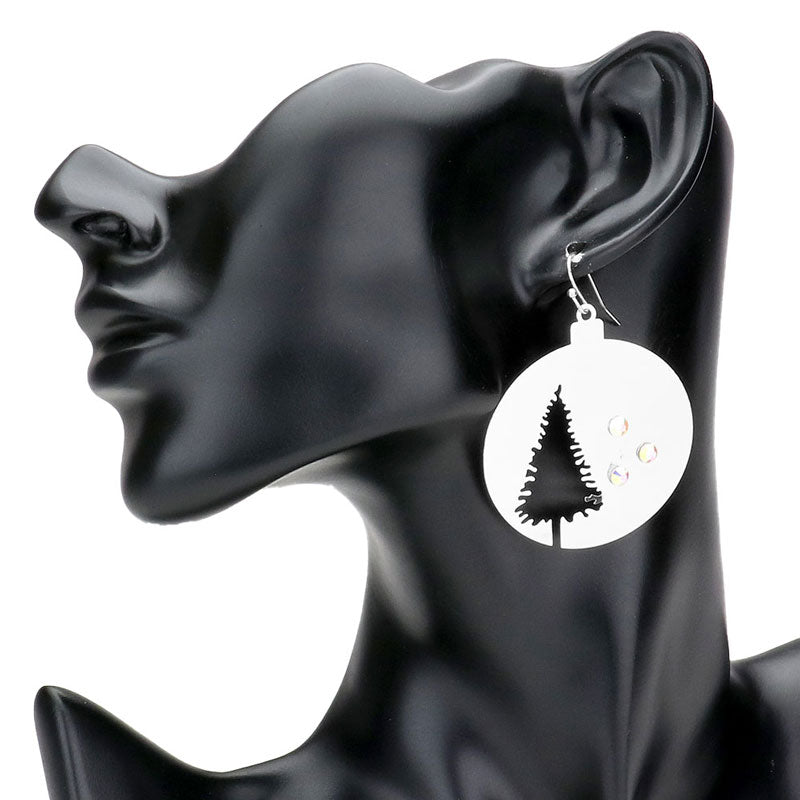 Silver  Stone Embellished Brass Metal Cut Out Tree Christmas Ornament Dangle Earrings. Beautifully crafted design adds a gorgeous glow to any outfit. Jewelry that fits your lifestyle! Perfect Birthday Gift, Anniversary Gift, Mother's Day Gift, Anniversary Gift, Graduation Gift, Prom Jewelry, Just Because Gift, Thank you Gift.