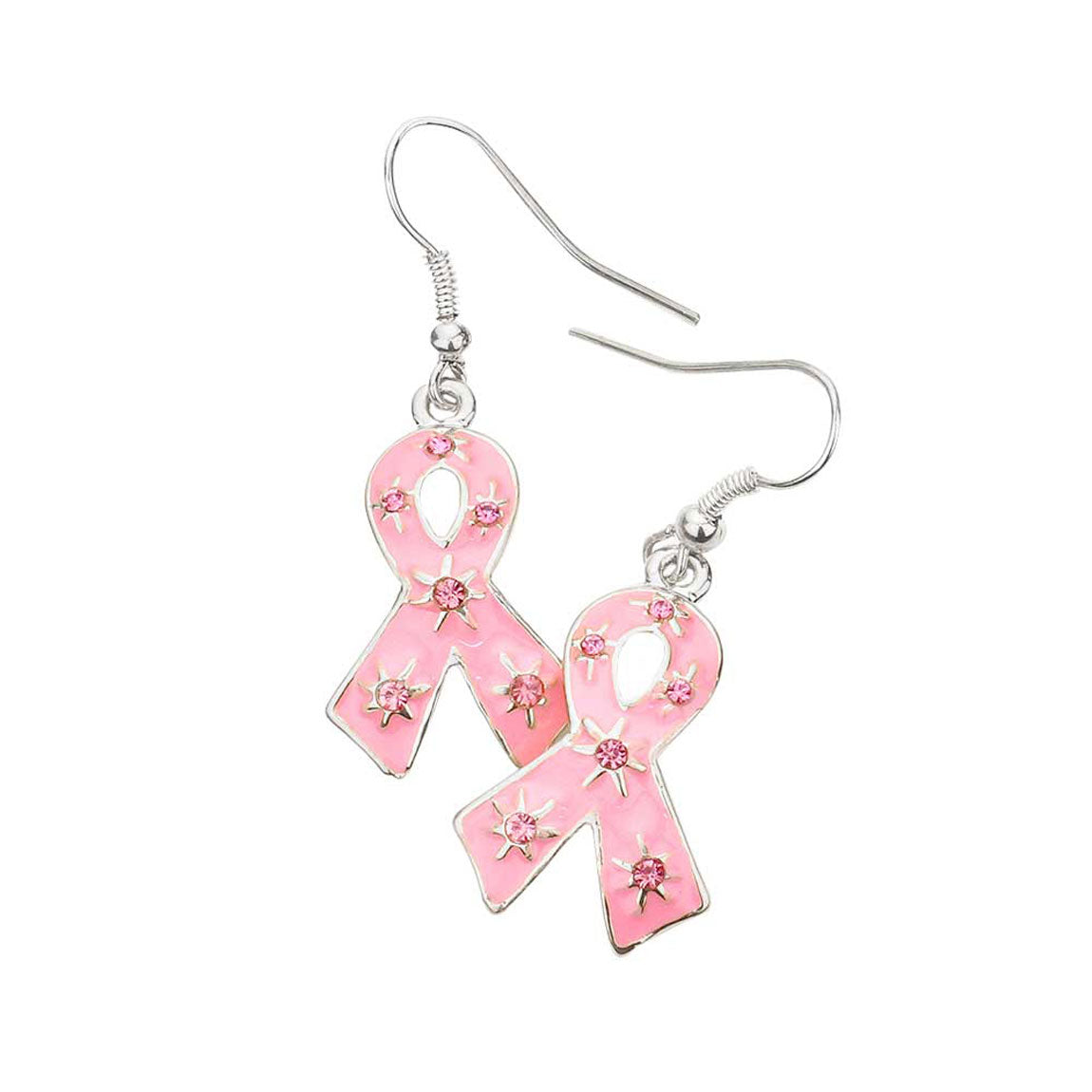 Silver Stone Embellished Enamel Pink Ribbon Dangle Earrings.  These gorgeous dangle pieces will show your class in any special occasion. The elegance of these stone goes unmatched, great for wearing at a party! Perfect jewelry to enhance your look. Awesome gift for birthday, Anniversary, Valentine’s Day or any special occasion.