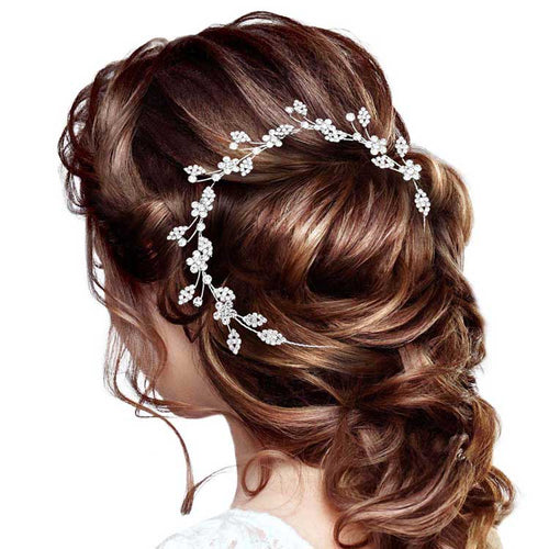 Stone Embellished Flower Cluster Vine Bun Wrap Headpiece - Silver