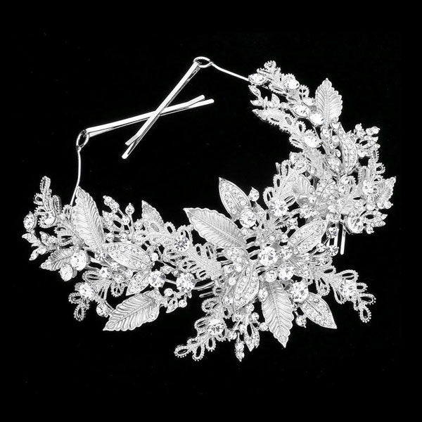 Silver Stone Embellished Leaf Cluster Bun Wrap Headpiece. Keep your hairstyle as glamorous as you are with this Stone headpiece! Add spectacular sparkle into your hair do. Perfect for adding just the right amount of shimmer & shine, will add a touch of class, beauty and style to your wedding, prom, special events, embellished flower leaf cluster to keep your hair sparkling all day & all night long. 