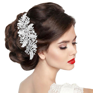 Silver Stone Embellished Leaf Cluster Hair Comb. Perfect for adding just the right amount of shimmer & shine, will add a touch of class, beauty and style to your wedding, prom, special events, embellished glass crystal to keep your hair sparkling all day & all night long.