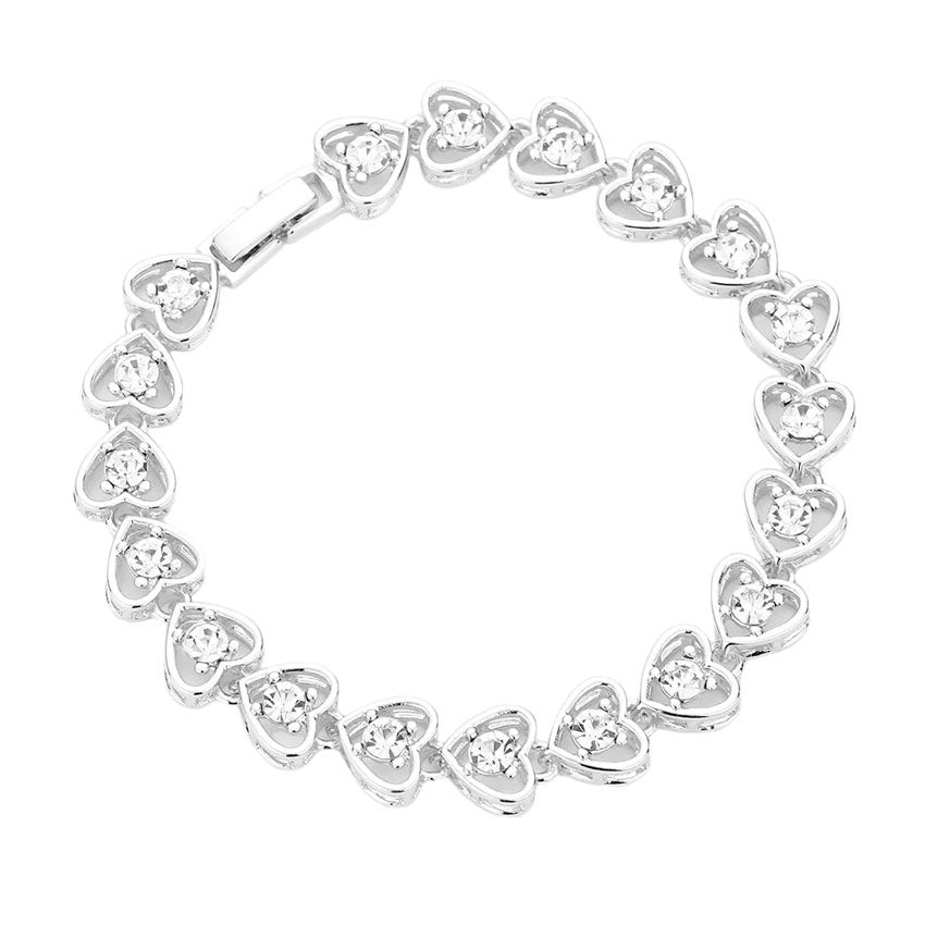 Silver Stone Embellished Metal Heart Link Evening Bracelet, add a a heart theme to your outfit with this beautiful metal link bracelet, goes perfect with a t-shirt, summer dress or work clothes.  With a polished finish and lifelike details. A timeless and traditional Holiday, Anniversary gift, Birthday gift, Valentine's Day gift for a woman or girl of any age.