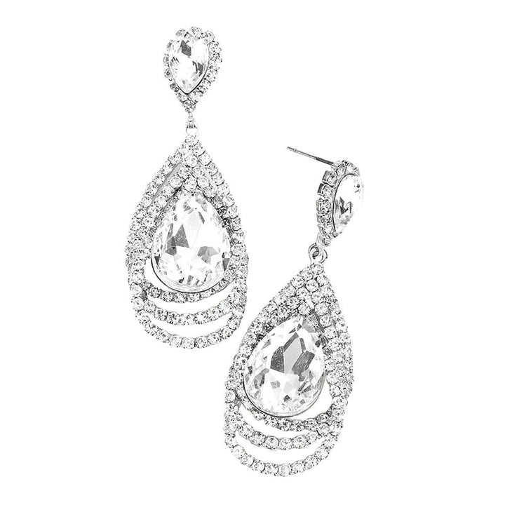 Silver Teardrop Centered Rhinestone Trimmed Dangle Evening Earrings. Beautifully crafted design adds a gorgeous glow to any outfit. Jewelry that fits your lifestyle! Perfect Birthday Gift, Anniversary Gift, Mother's Day Gift, Anniversary Gift, Graduation Gift, Prom Jewelry, Just Because Gift, Thank you Gift.