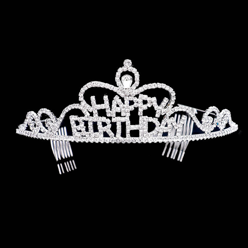 Silver Teardrop Crystal Rhinestone Happy Birthday Tiara. Turn any cake into a royal treat for your daughter's princess themed birthday party with this Tiara. Ideal for dolling up the guest of honor on her special day, this party tiara also makes a fun cake decoration. Add it to a gift for the birthday girl or lay it at her place setting to be donned right before she blows out the candles on her birthday cake.