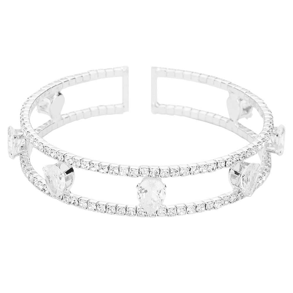 Silver Teardrop Glass Stone Split Rhinestone Cuff Evening Bracelet, This Rhinestone Bracelet sparkles all around with it's surrounding round glass stone, adds a sophisticated glow to any outfit. Stylish evening bracelet that is easy to put on, take off and comfortable to wear. Perfect gift for your loved one. Awesome gift for birthday, Anniversary, Valentine’s Day or any special occasion.