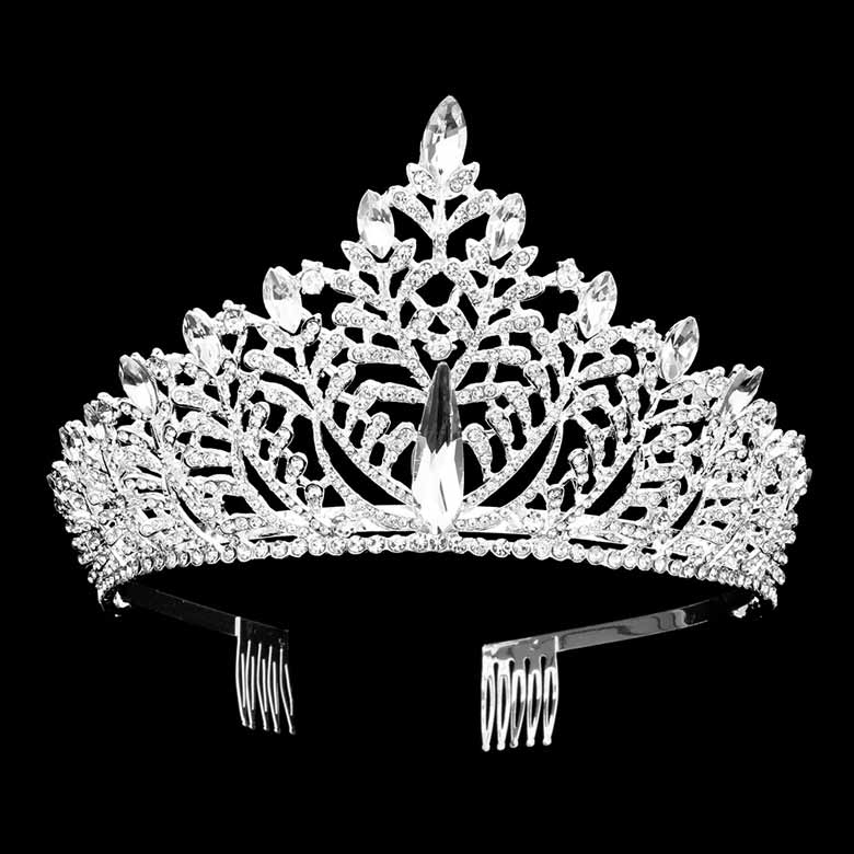 Silver Teardrop Marquise Stone Accented Leaf Cluster Princess Tiara, the accented leaf cluster princess tiara is a classic royal tiara made from gorgeous marquise stone is the epitome of elegance. Exquisite design with gorgeous color and brightness, makes you more eye-catching in the crowd and also it will make you more charming and pretty without fail.