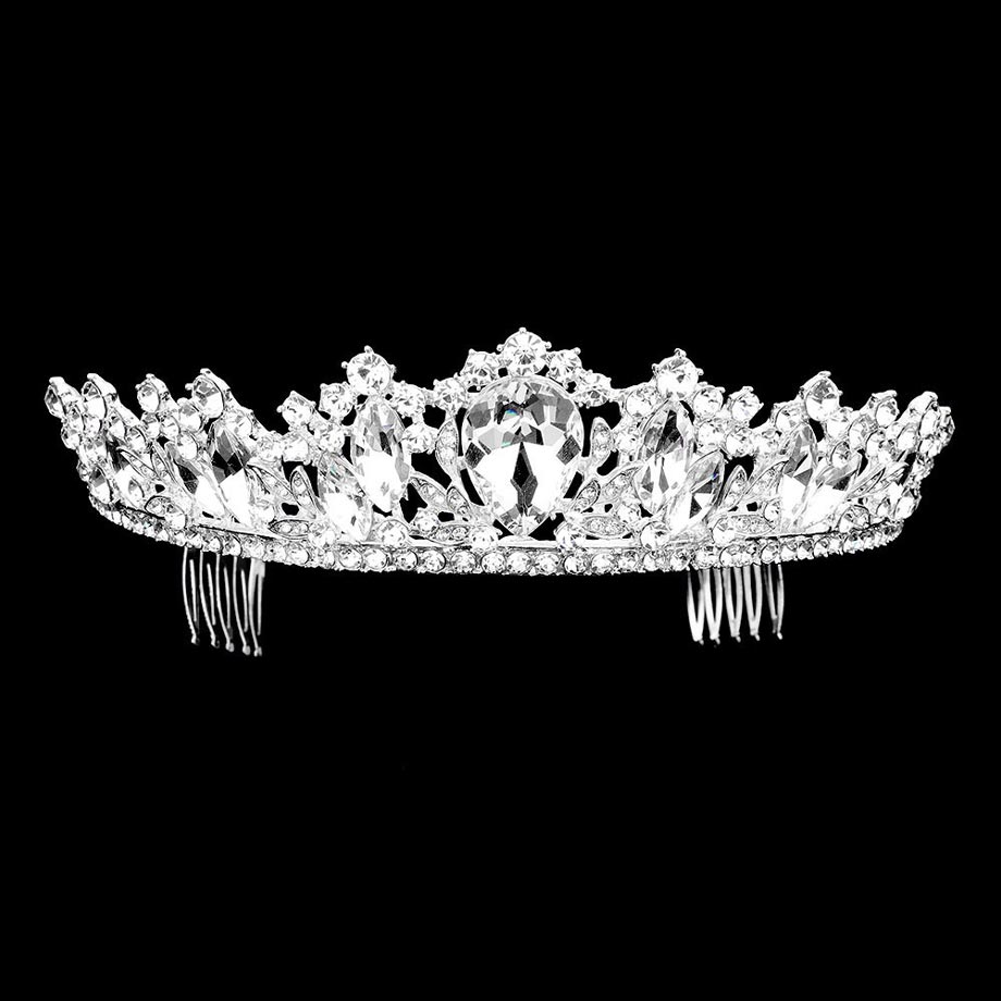   Silver Teardrop Marquise Stone Accented Princess Tiara, this tiara features precious stones and an artistic design. Makes you more eye-catching in the crowd. She will be instantly transformed into a fairytale princess. A stunning teardrop stone tiara that can be a perfect bridal headpiece. This hair accessory is really beautiful, pretty, and lightweight. 