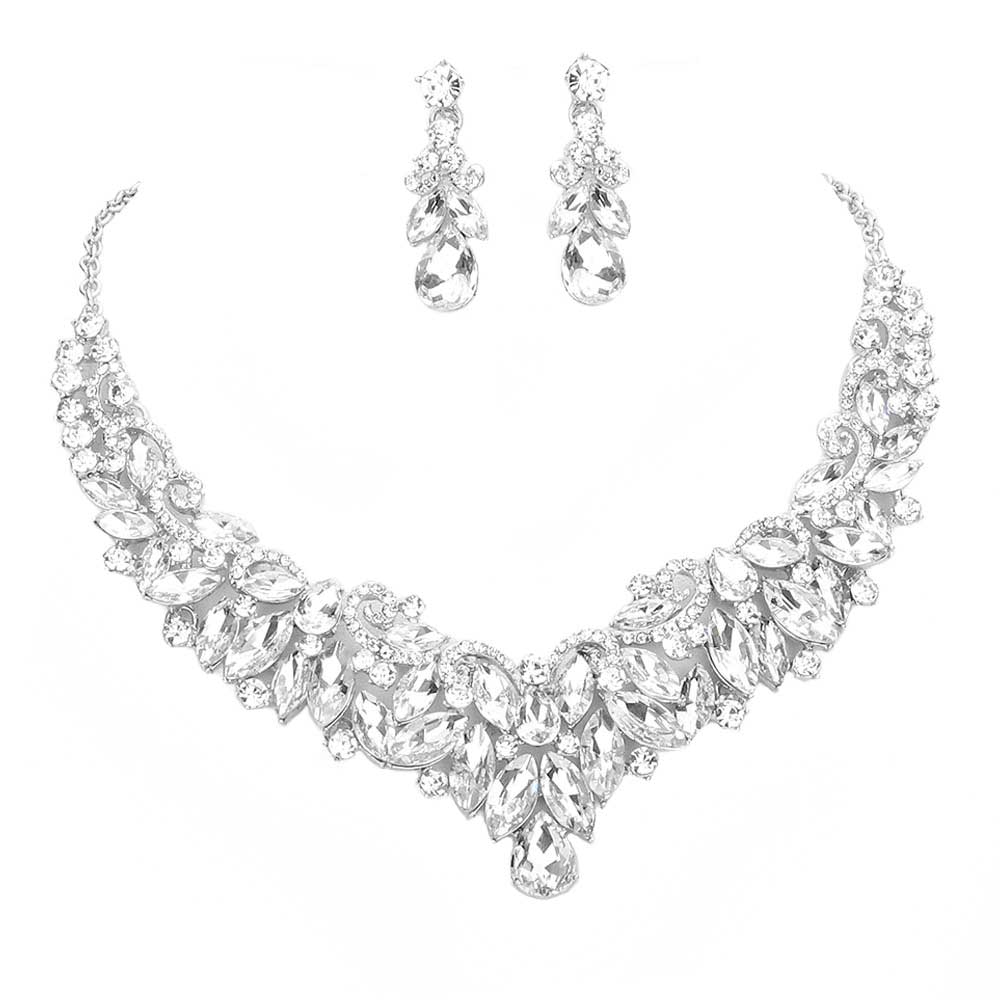 Silver Teardrop Marquise Stone Cluster Evening Necklace. These gorgeous Stone pieces will show your class in any special occasion. The elegance of these Stone goes unmatched, great for wearing at a party! Perfect jewelry to enhance your look. Awesome gift for birthday, Anniversary, Valentine’s Day or any special occasion.