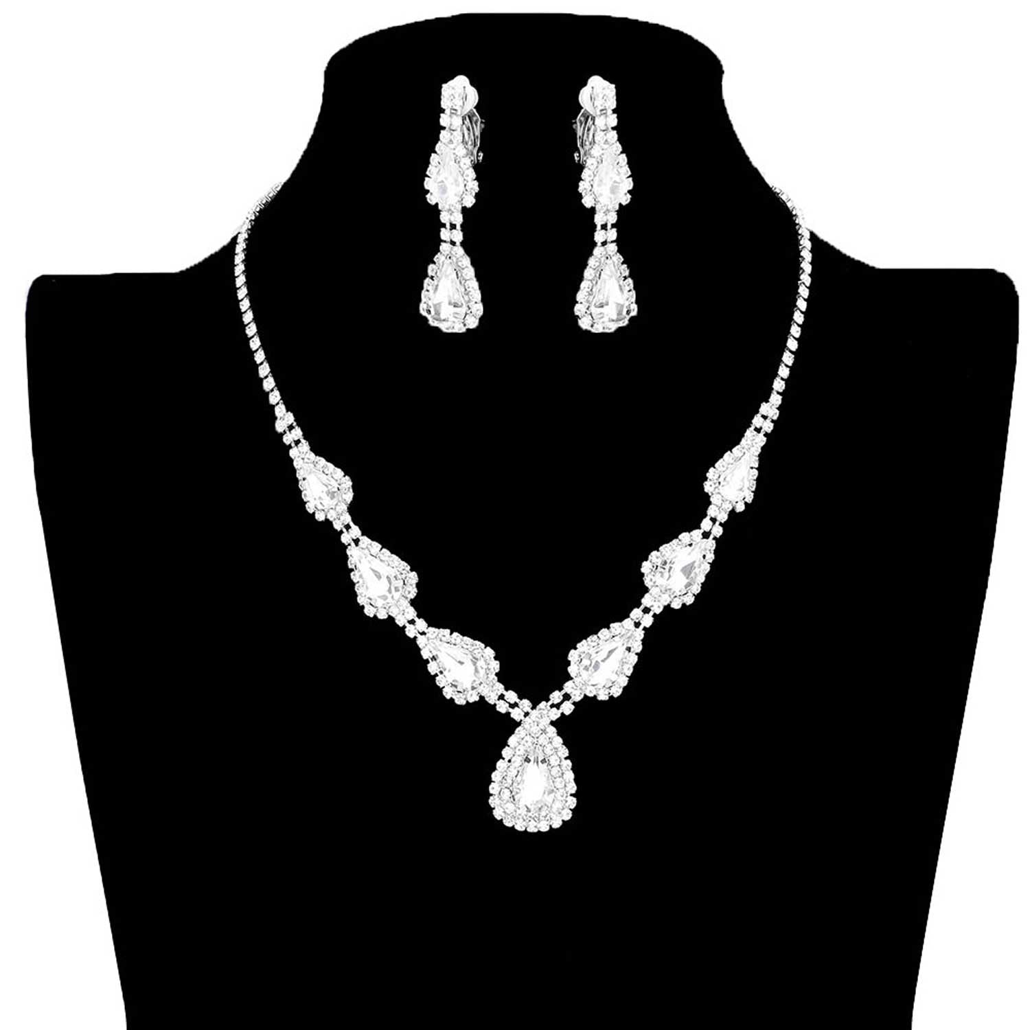 Silver Teardrop Stone Accented Rhinestone Pave Necklace, brings a gorgeous glow to your outfit to show off the royalty on any special occasion. These gorgeous Rhinestone pieces will show your class in any special occasion. The elegance of these Rhinestone goes unmatched, great for wearing at a party! Perfect jewelry to enhance your look. Awesome gift for birthday, Anniversary or any special occasion.