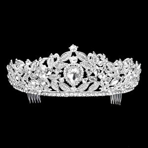 Silver Teardrop Stone Centered Leaf Cluster Princess Tiara, every woman deserves to feel like a queen or princess on her important occasions. This cluster princess tiara will make your dream come true. This teardrop stone princess tiara is beautiful and makes you feel fabulous.