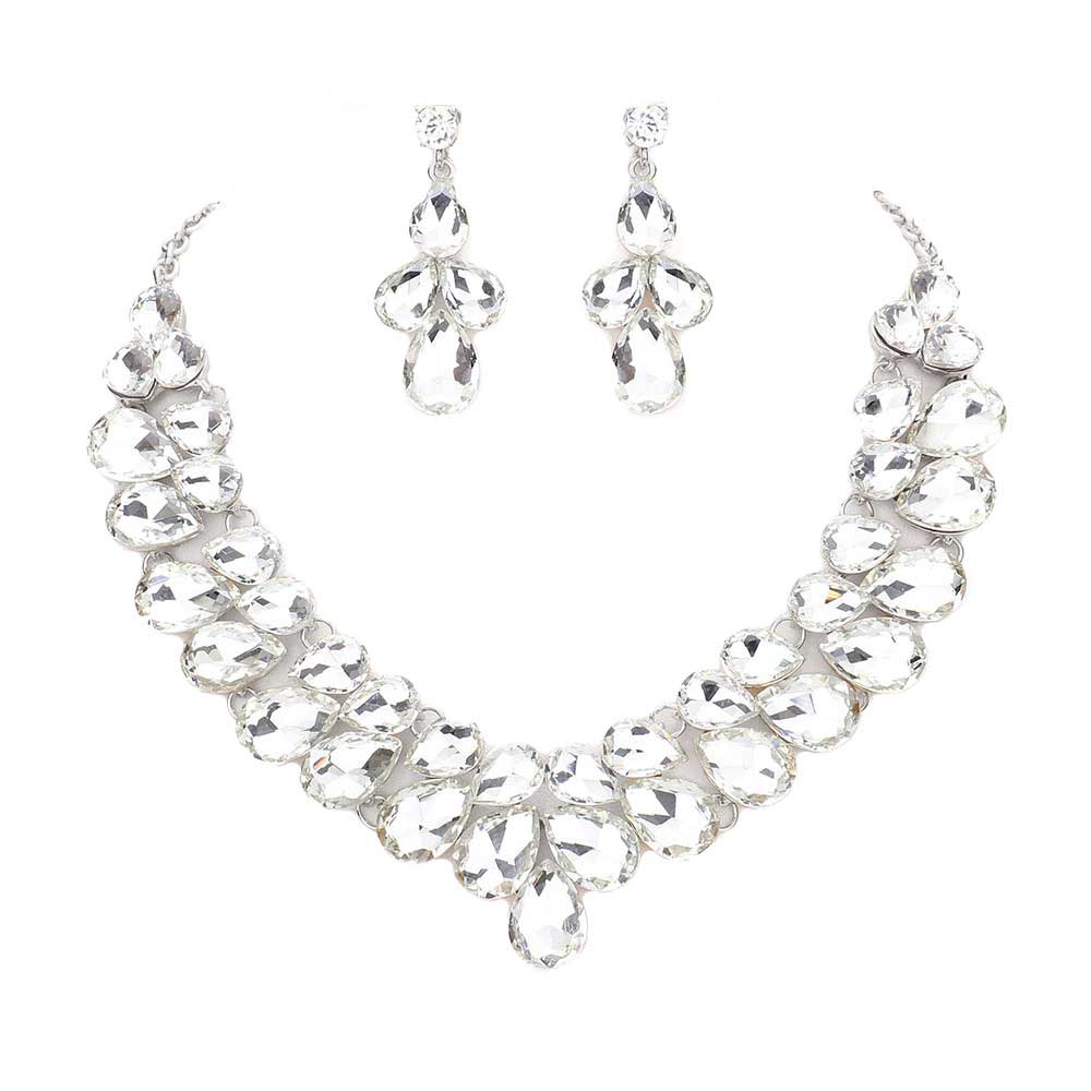Silver Teardrop Stone Cluster Evening Necklace, These gorgeous Stone pieces will show your class in any special occasion. The elegance of these Stone goes unmatched, great for wearing at a party! stunning jewelry set will sparkle all night long making you shine out like a diamond. perfect for a night out or a black tie party. Awesome gift for  Birthday, Anniversary, Prom, Mother's Day Gift, Sweet 16, Wedding, Bridesmaid.