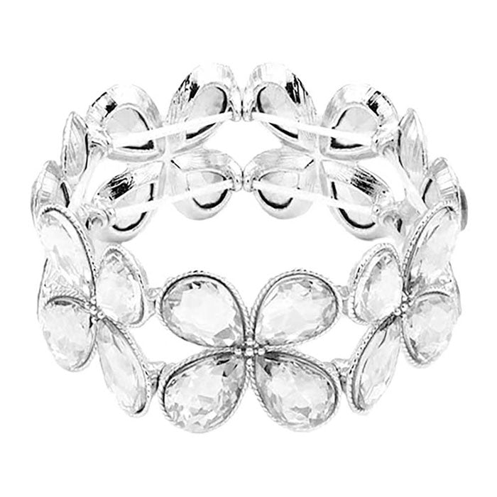 Silver Teardrop Stone Cluster Stretch Evening Bracelet, look as majestic on the outside as you feel on the inside, eye-catching sparkle, sophisticated look you have been craving for!  Can go from the office to after-hours easily, adds a stunning glow to any outfit. Stylish bracelet that is easy to put on, take off. Perfect gift for you or a loved one!