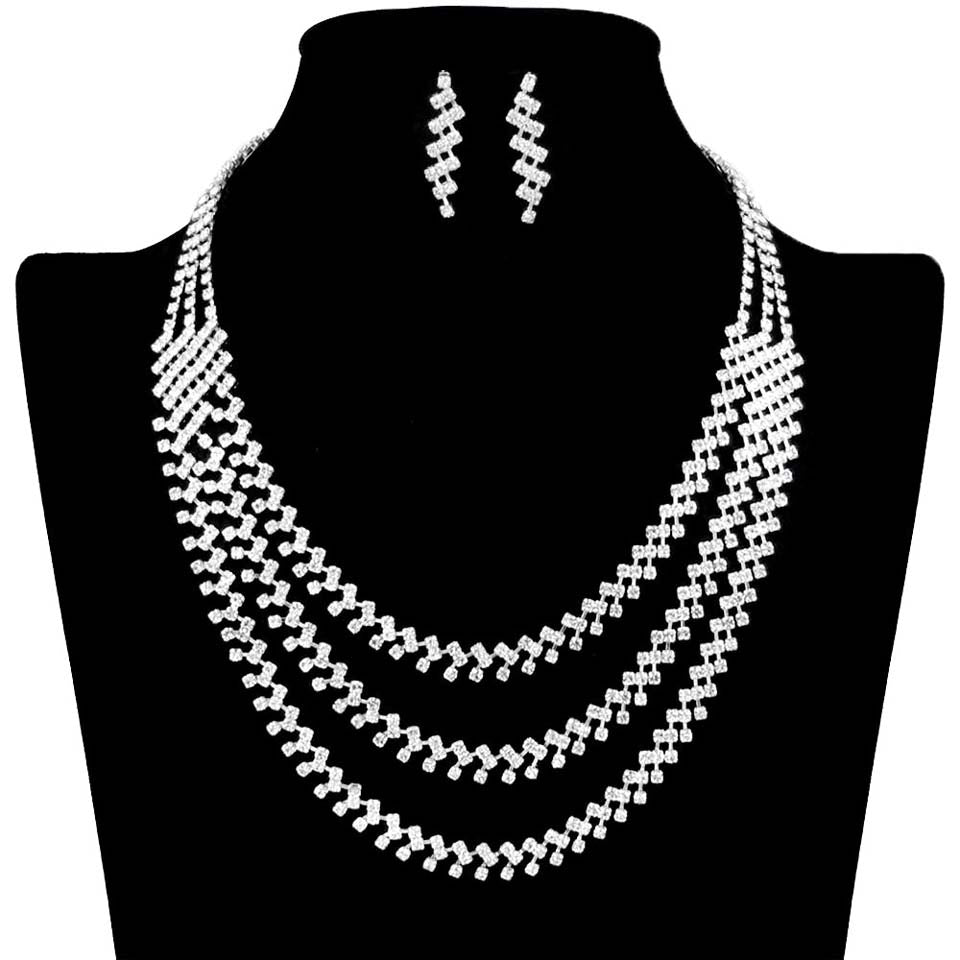 Silver Triple Layered Rhinestone Pave Necklace, These gorgeous Rhinestone pieces will show your perfect beauty & class on any special occasion. The elegance of these rhinestones goes unmatched. Great for wearing at a party! Perfect for adding just the right amount of glamour and sophistication to important occasions. These classy Rhinestone Pave Jewelry Sets are perfect for parties, Weddings, and Evenings. Awesome gift for birthdays, anniversaries, Valentine’s Day, or any special occasion.