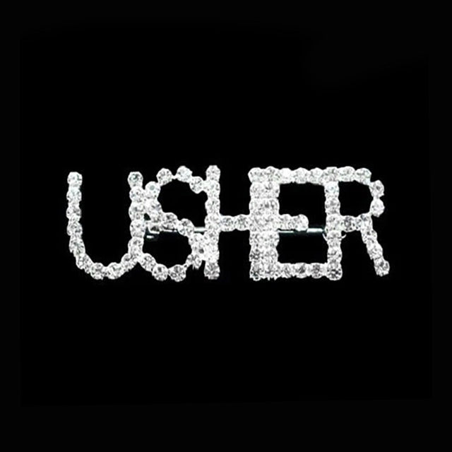 Silver Usher Rhinestone Pin Brooch, the stunning brooch is embellished with rhinestones making up the words usher. This kind of brooch is sparkling and unique. It will help you create a perfect impression on any occasion. 