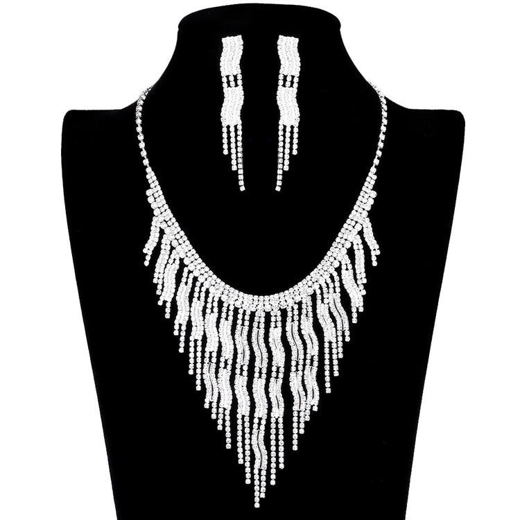 Silver Wavy Fringe Crystal Rhinestone Necklace, Stunning wavy crystal chain suits any style and occasion wear over your favorite tops and dresses this season!  Adds the perfect accent to your wardrobe. A timeless treasure designed to accent the neckline adds a gorgeous stylish glow to any outfit style, jewelry that fits your lifestyle! This piece is versatile and goes with practically anything! Fabulous gift, ideal for your loved one or yourself.