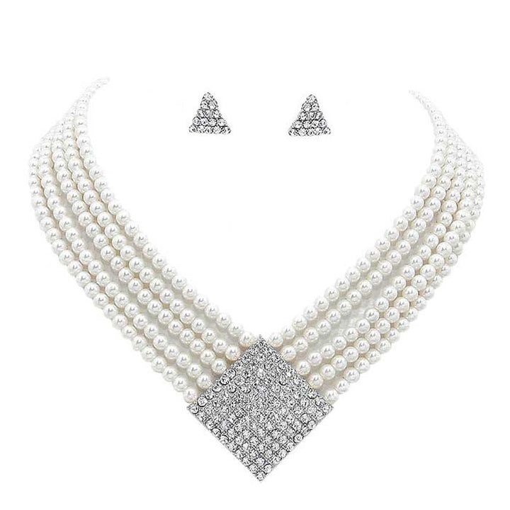 Silver White Geometric Crystal Detail Multi-Strand Pearl Necklace, stunning jewelry set will sparkle all night long making you shine out like a diamond. simple sophistication makes a standout addition to your collection designed to accent the neckline adds a gorgeous stylish glow to any outfit style, jewelry that fits your lifestyle! Perfect Birthday Gift, Valentine's Day Gift, Anniversary Gift, Mother's Day Gift, Just Because Gift.