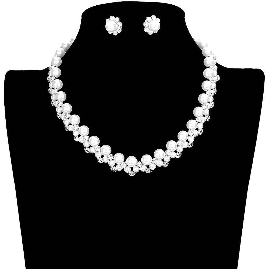 Cream Gold Pearl Crystal Rhinestone Collar Necklace. Stunning jewellery sets suits any style and occasion wear over your favorite tops and dresses this season! Adds the perfect accent to your wardrobe. A timeless treasure designed to accent the neckline adds a gorgeous stylish glow to any outfit style. Fabulous gift, ideal for your loved one or yourself.
