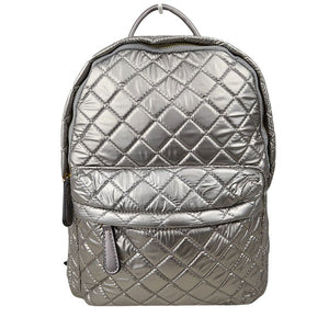 Silver Women's Performance Twill Campus Quilted Backpack. This weather-friendly, water-repellent fabric is durable & lightweight for everyday use. Keep your tech essentials safe with 2 interior mesh slip pockets that work as laptop or tablet compartments for work or school, add in the zippered top closure & fully printed cotton lining & you're ready to conquer the day. 